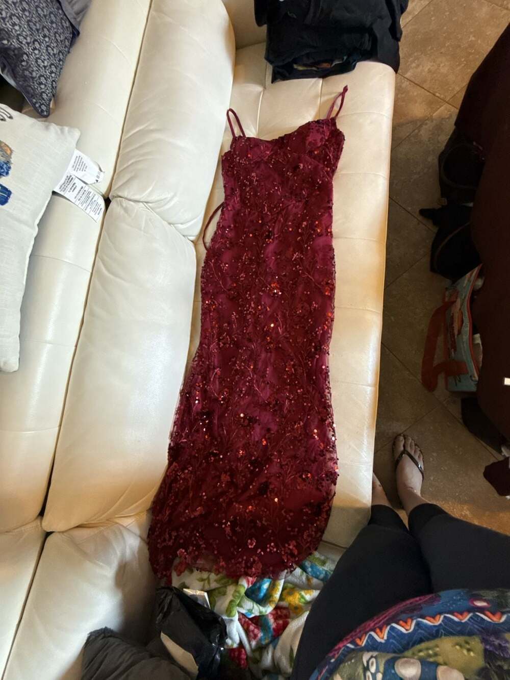 Burgundy Sequin Spaghetti Strap Corset Back Maxi Prom Dress